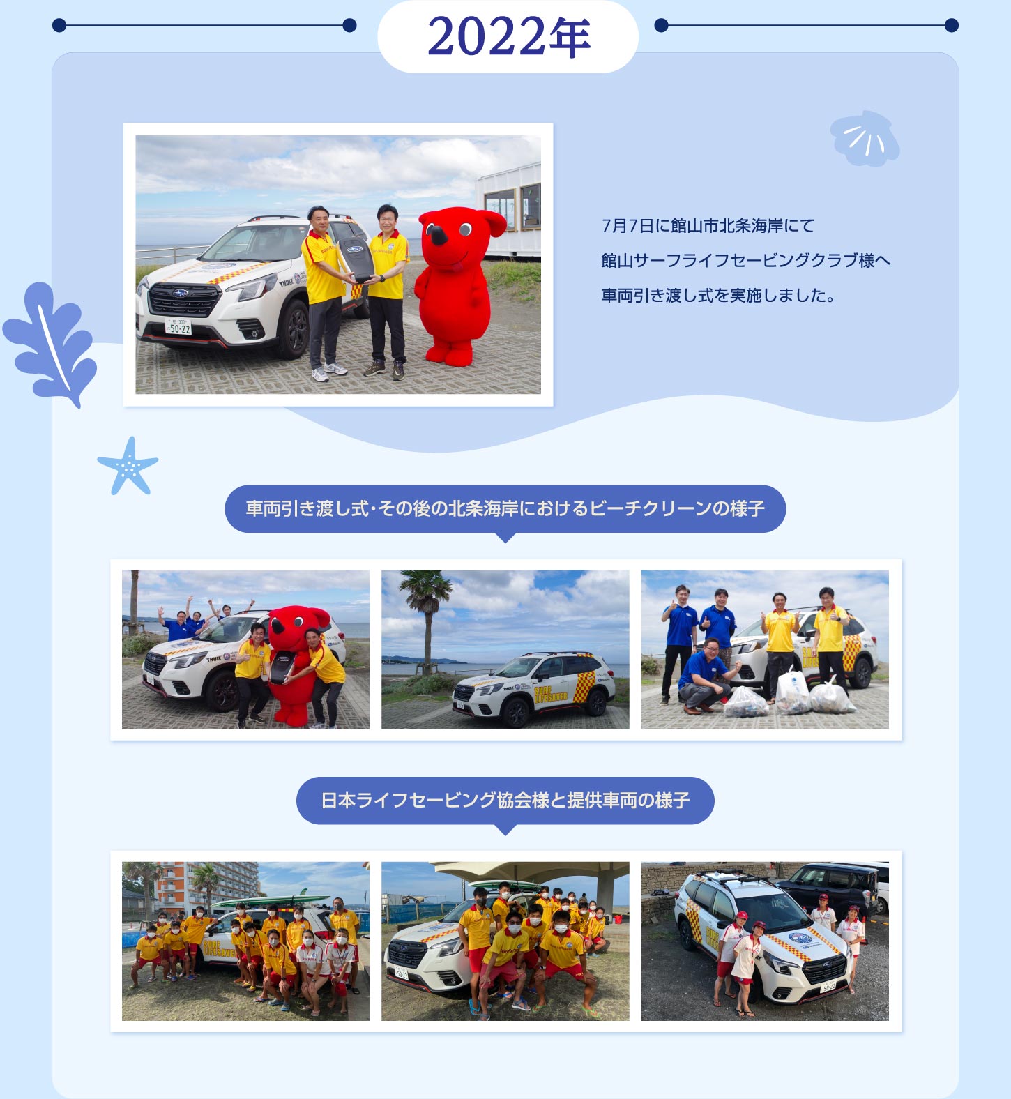 2022年7月7日に館山市北条海岸にて館山サーフライフセービングクラブ様へ車両引き渡し式を実施しました。
