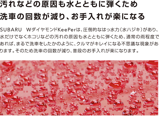 汚れなどの原因も水とともに弾くため洗車の回数が減り、お手入れが楽になる